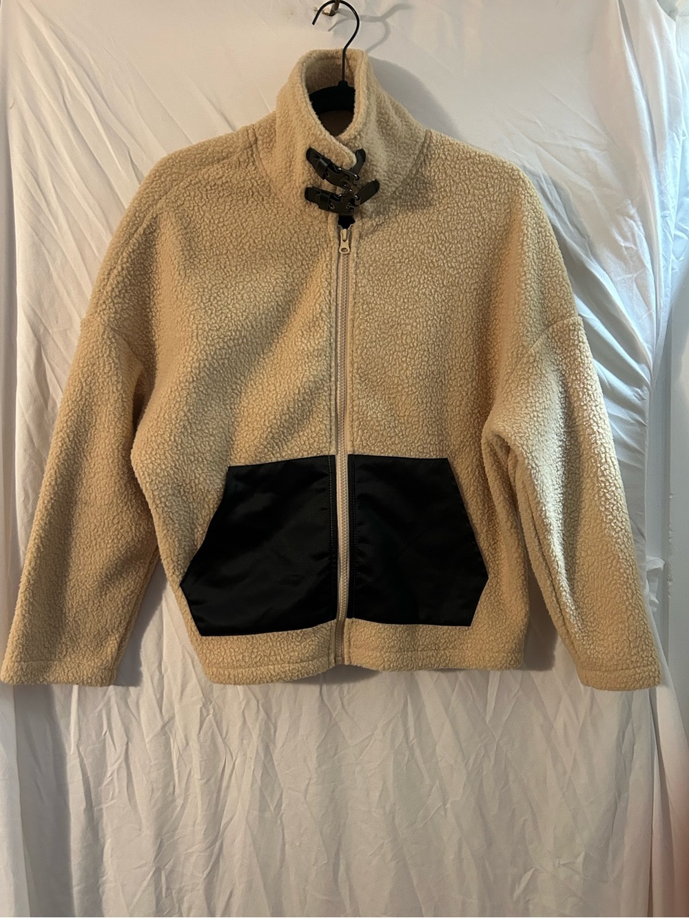 SHEIN Cream Teddy Sherpa Jacket with Black Pocket Panels